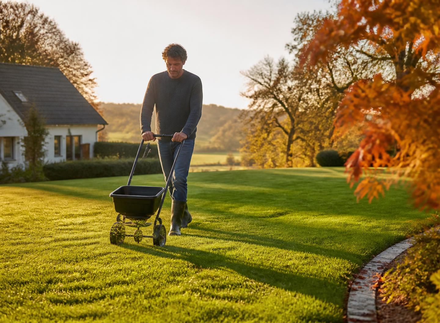 Ein Gartenbesitzer verteilt Herbstdünger mit dem Streuwagen